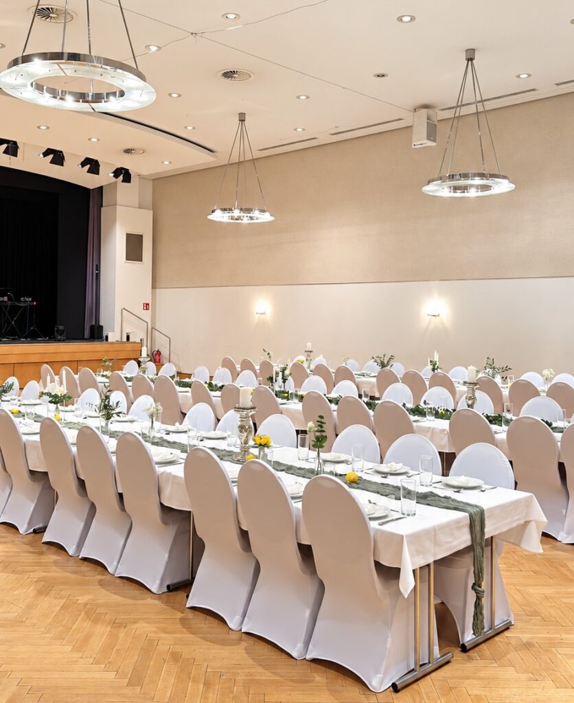 Weiße Stuhlhussen im Bürgerhaus in Heßheim bei einer Feier – elegante Dekoration für Hochzeiten und besondere Veranstaltungen