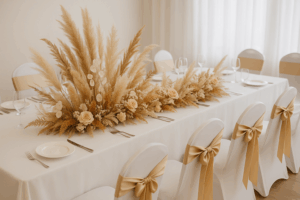 Hochzeitstisch mit Trockenblumen Stuhlhussen