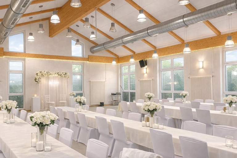 Weiße Stuhlhussen bei einer Feier mit 70 Personen im Bürgerhaus Bieber in Biebertal