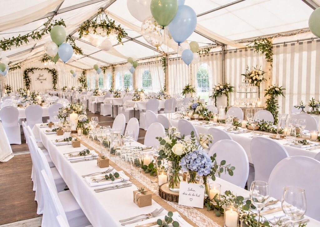 Hochzeit im Zelt mit weißen Stuhlhussen, gedeckten Tischen und festlicher Dekoration