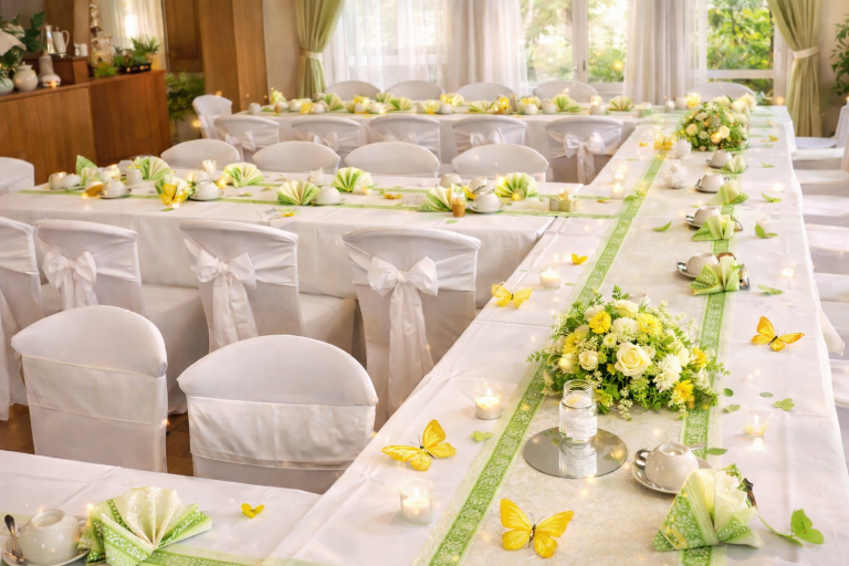 Weiße Stuhlhussen mit weißen Satin-Schleifen bei einer Feier im Parkhotel Schönewalde