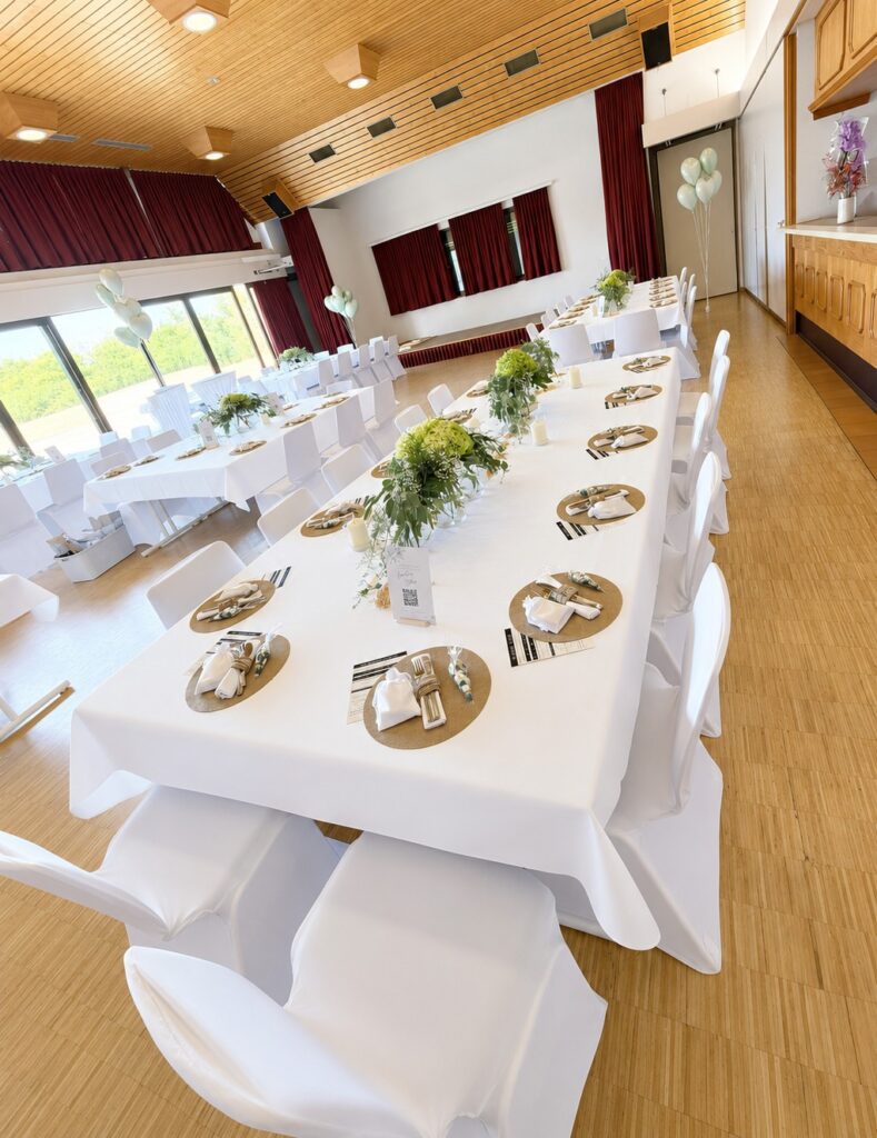 Weiße Stuhlhussen und Tischdecken bei einer Hochzeit im Bürgerhaus Leidhecken in Florstadt mit 70 Personen.