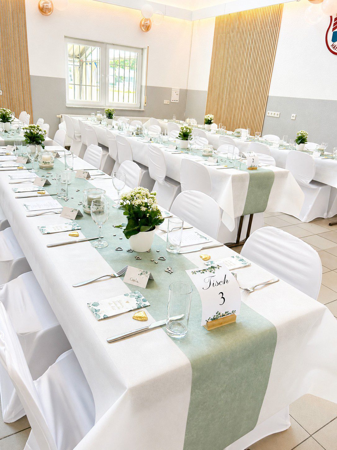 Hochzeit in der Freien Turnerschaft Hainstadt mit Stuhlhussen Hochzeit im Festraum der Freien Turnerschaft Hainstadt in Hainburg mit weißen Stuhlhussen