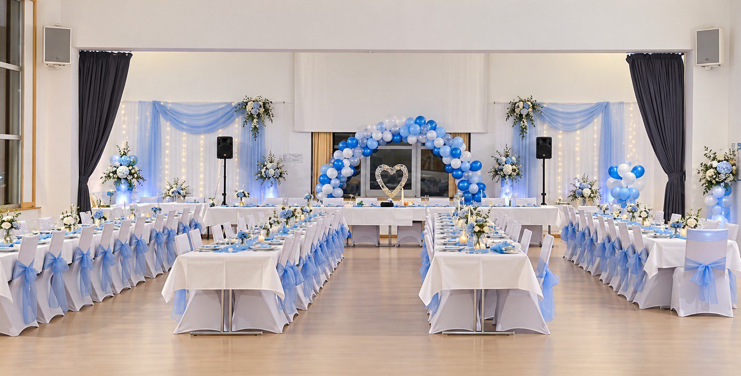 Hochzeit im Dorfgemeinschaftshaus Caldern Lahntal mit weißen Stuhlhussen und Tischdecken