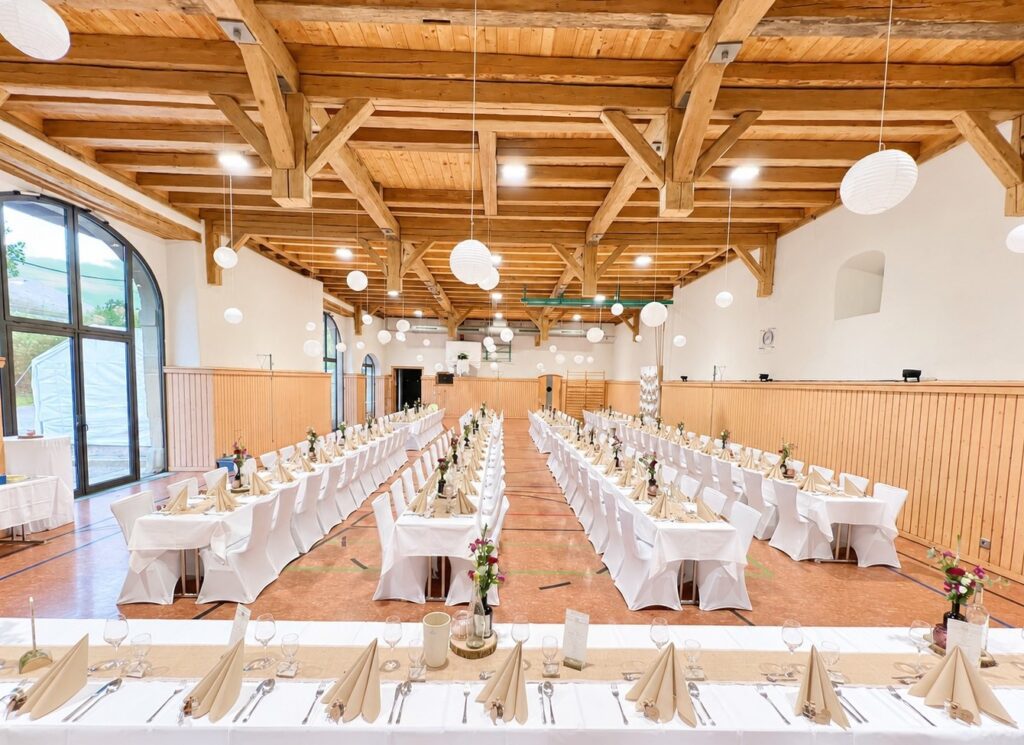 Hochzeit Schloss-Scheuer Baisingen mit weißen Stuhlhussen und Tischdecken