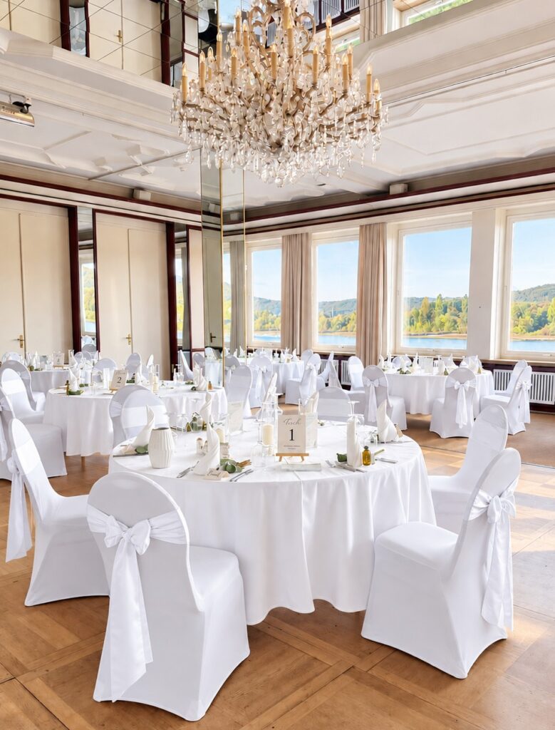 Hochzeit im Rheinhotel Dreesen Bonn mit weißen Stuhlhussen und Schleifen